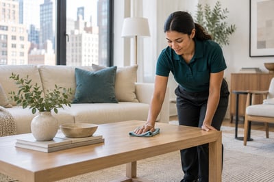Cleaner wiping down a coffee table in a bright New York City living room