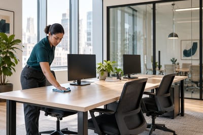 Cleaner wiping down a desk in a New York City office