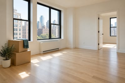 Empty, freshly cleaned NYC apartment with moving boxes