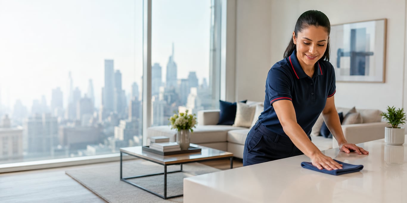 Professional housekeeper cleaning a bright New York City apartment