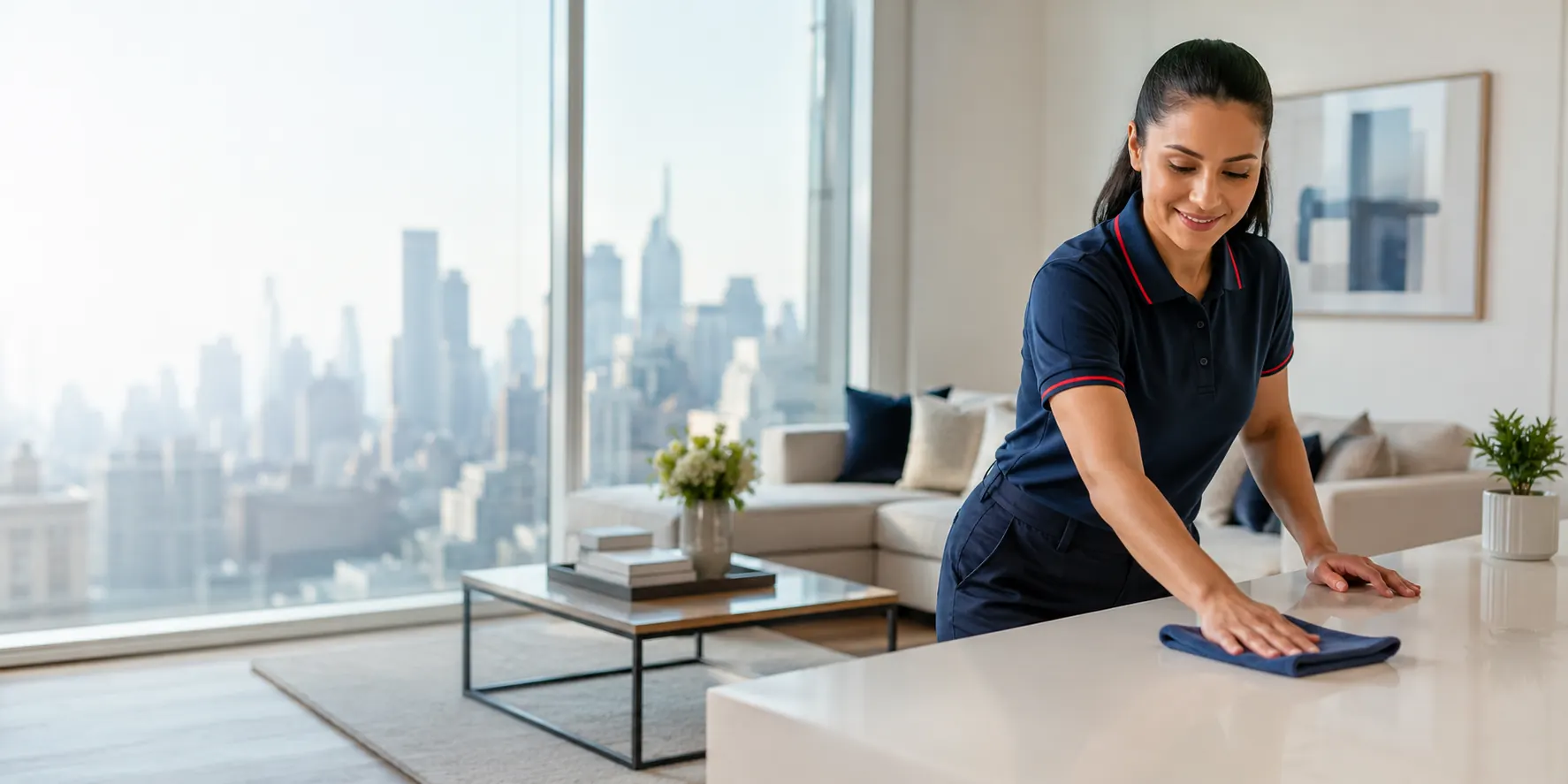 Professional housekeeper cleaning a bright New York City apartment
